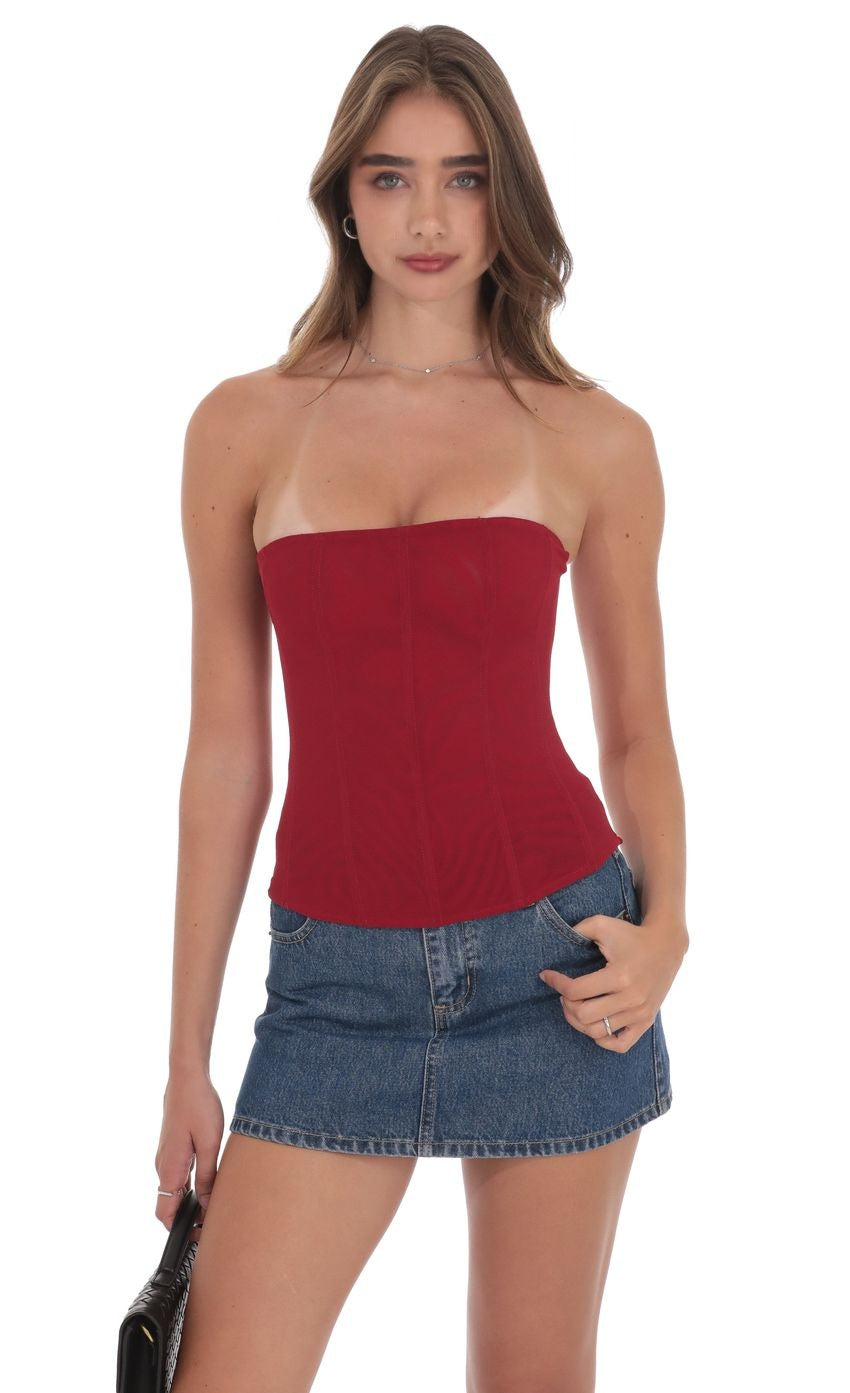 Sheer Mesh Strapless Corset Top in Red