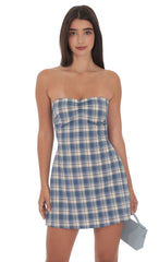 Blue Strapless Plaid Dress