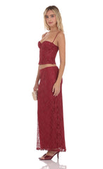 Gold Thread Lace Maxi Skirt in Wine Red