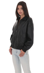 Woven Faux Leather Bomber Jacket in Black