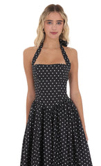 Black Polka Dot Halter Midi Dress