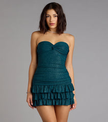Party Perfect Glitter Knit Strapless Ruffle Mini Dress