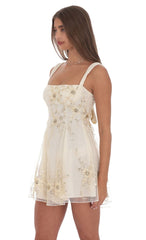 Floral Gold Sequin Fit and Flare Dress in Ivory