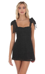 Black Shoulder Tie Rosette Dress