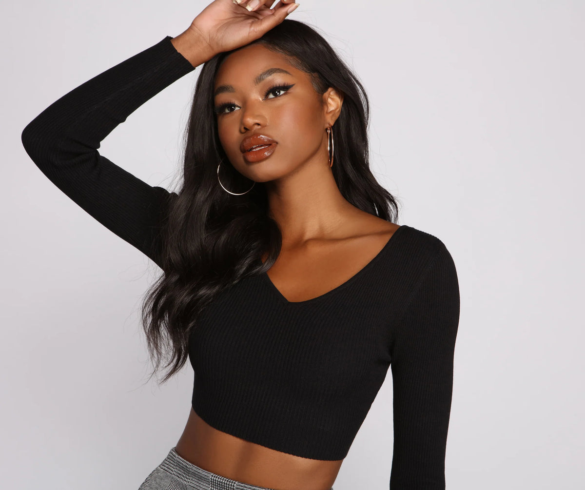 Ribbed Knit Long Sleeve Cropped Sweater