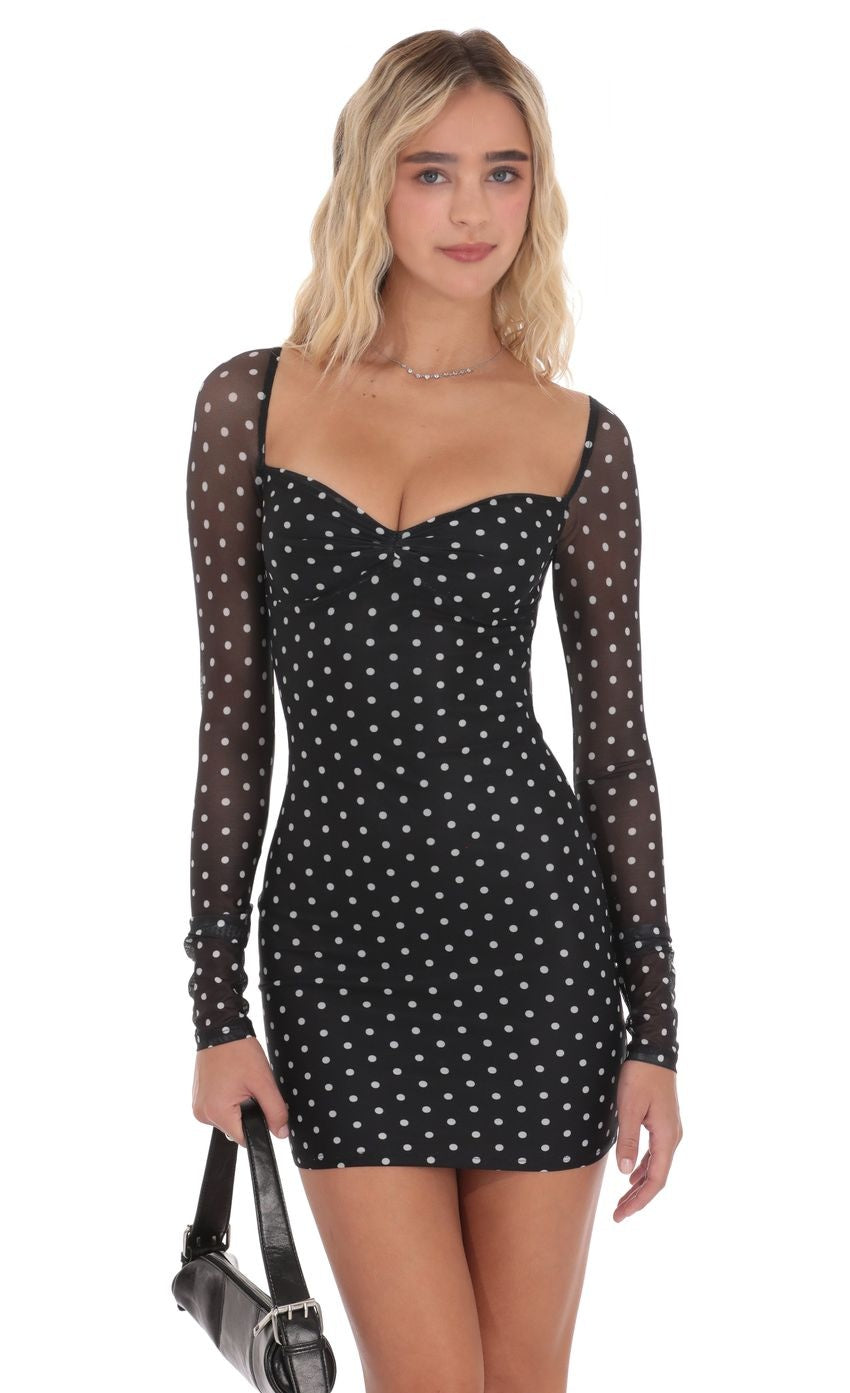 Polka Dot Long Sleeve Bodycon Dress in Black