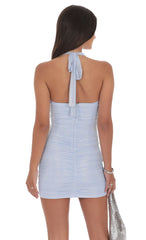 Ruched Foil Mesh Bodycon Dress in Light Blue