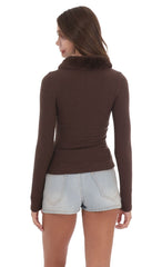 Fur Collar Zip-Up Cardigan in Brown