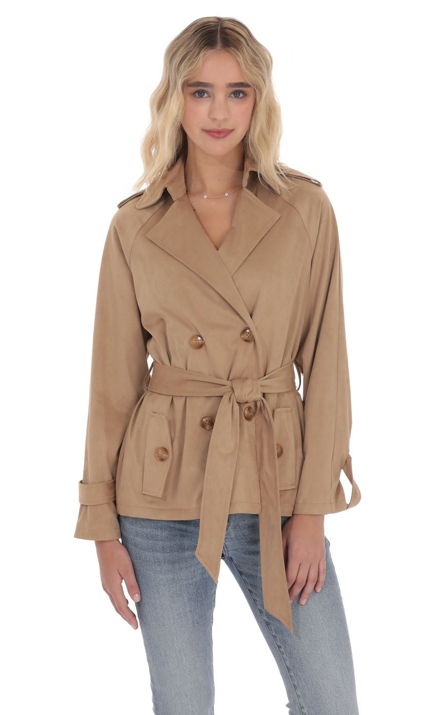 Suede Double Breasted Trench Coat in Coffee