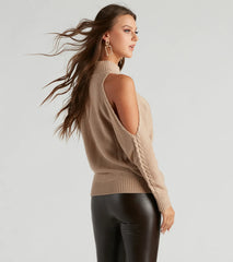Chic In Cable Knit Cold Shoulder Sweater