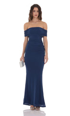 Mesh Shell Off Shoulder Maxi Dress in Navy
