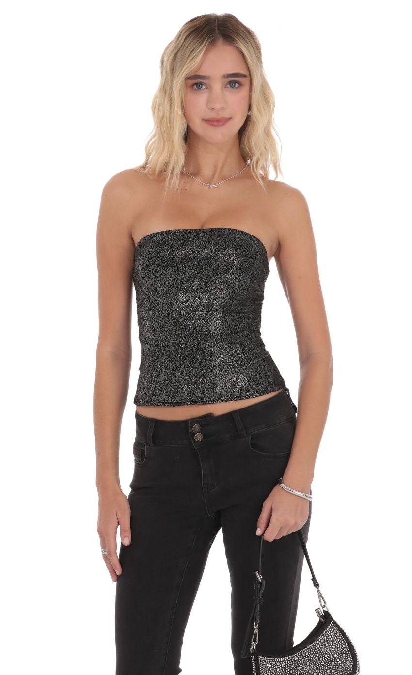 Foil Mesh Ruched Tube Top in Black