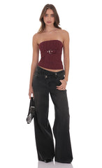 Burgundy Pinstripe Strapless Buckle Top
