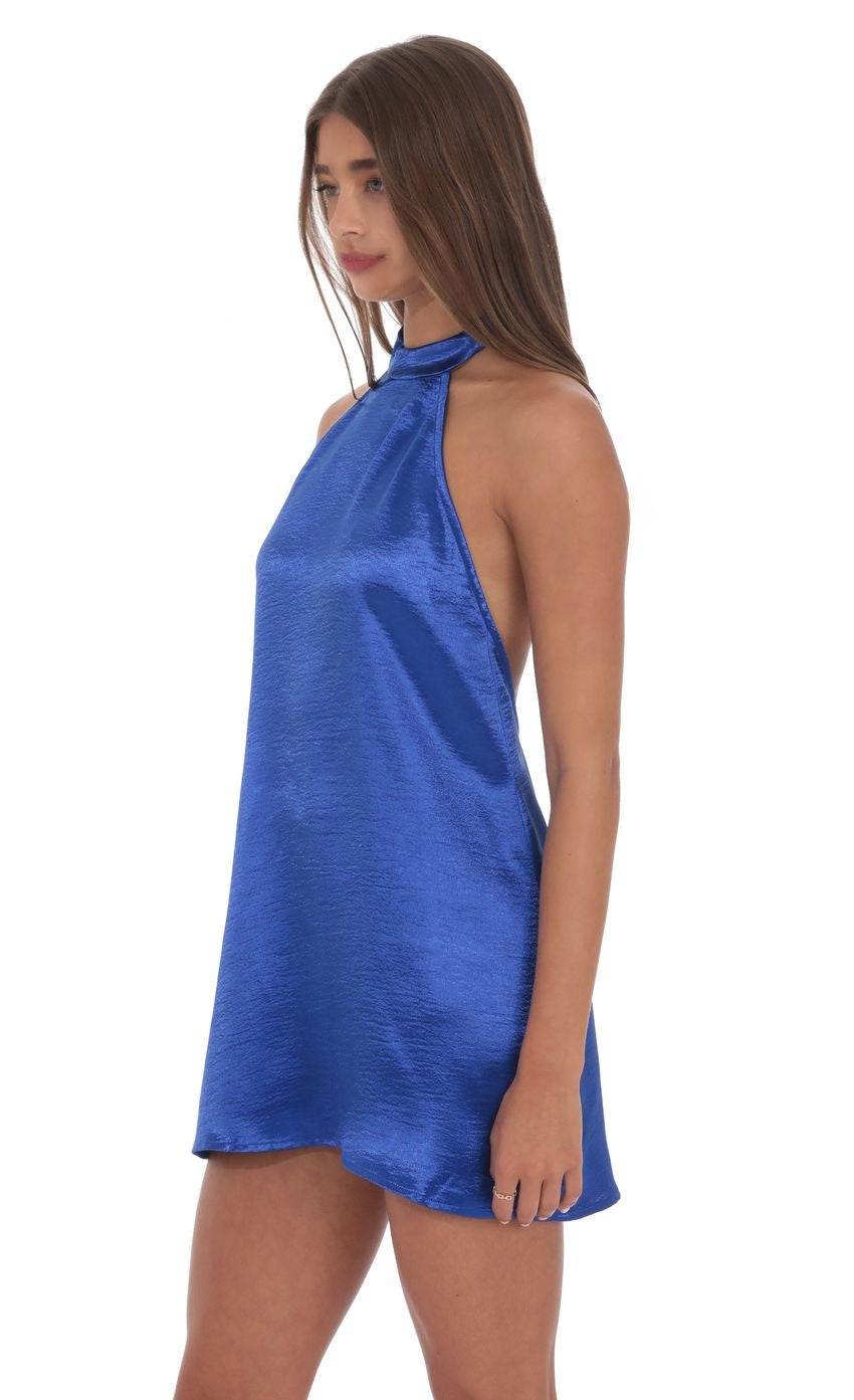 Satin Halter Shift Dress in Royal Blue