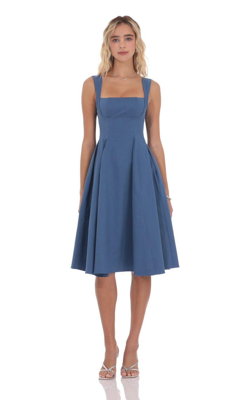 Square Neck Flare Midi Dress in Denim Blue