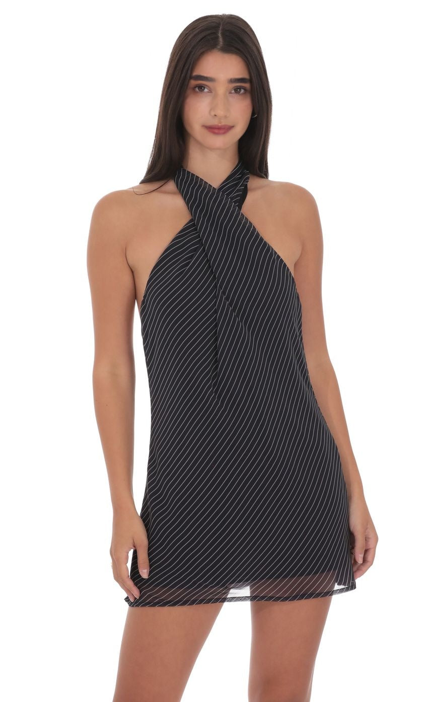Pinstripe Cross Halter Dress in Black