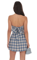 Blue Strapless Plaid Dress