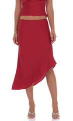 Satin Asymmetrical Midi Skirt in Red