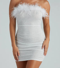 Radiant Glow Feather Trim Glitter Mini Dress