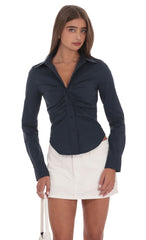 Ruched Button-Up Shirt in Navy